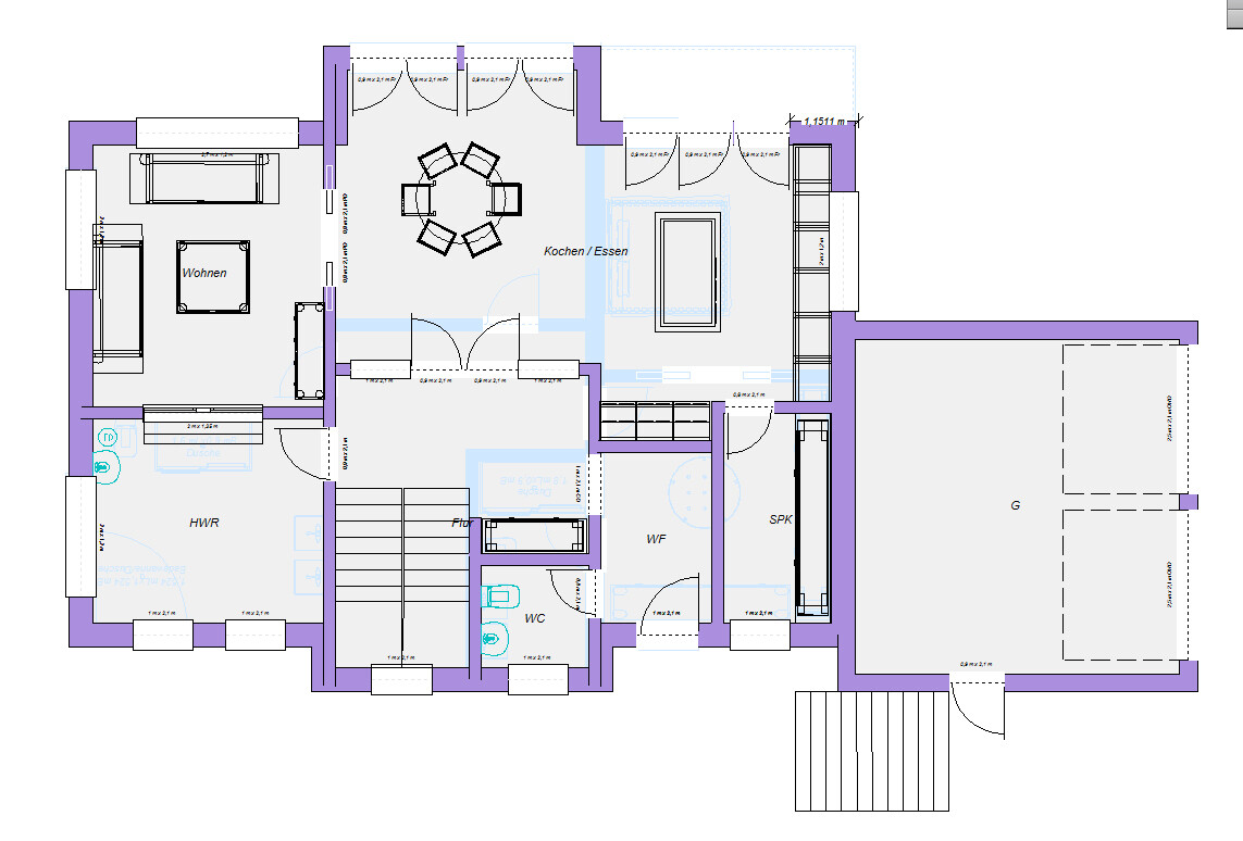 Grundriss des Erdgeschosses eines Hauses mit Wohnen, Kochen/Essen, Flur, WC, HWR und Garage