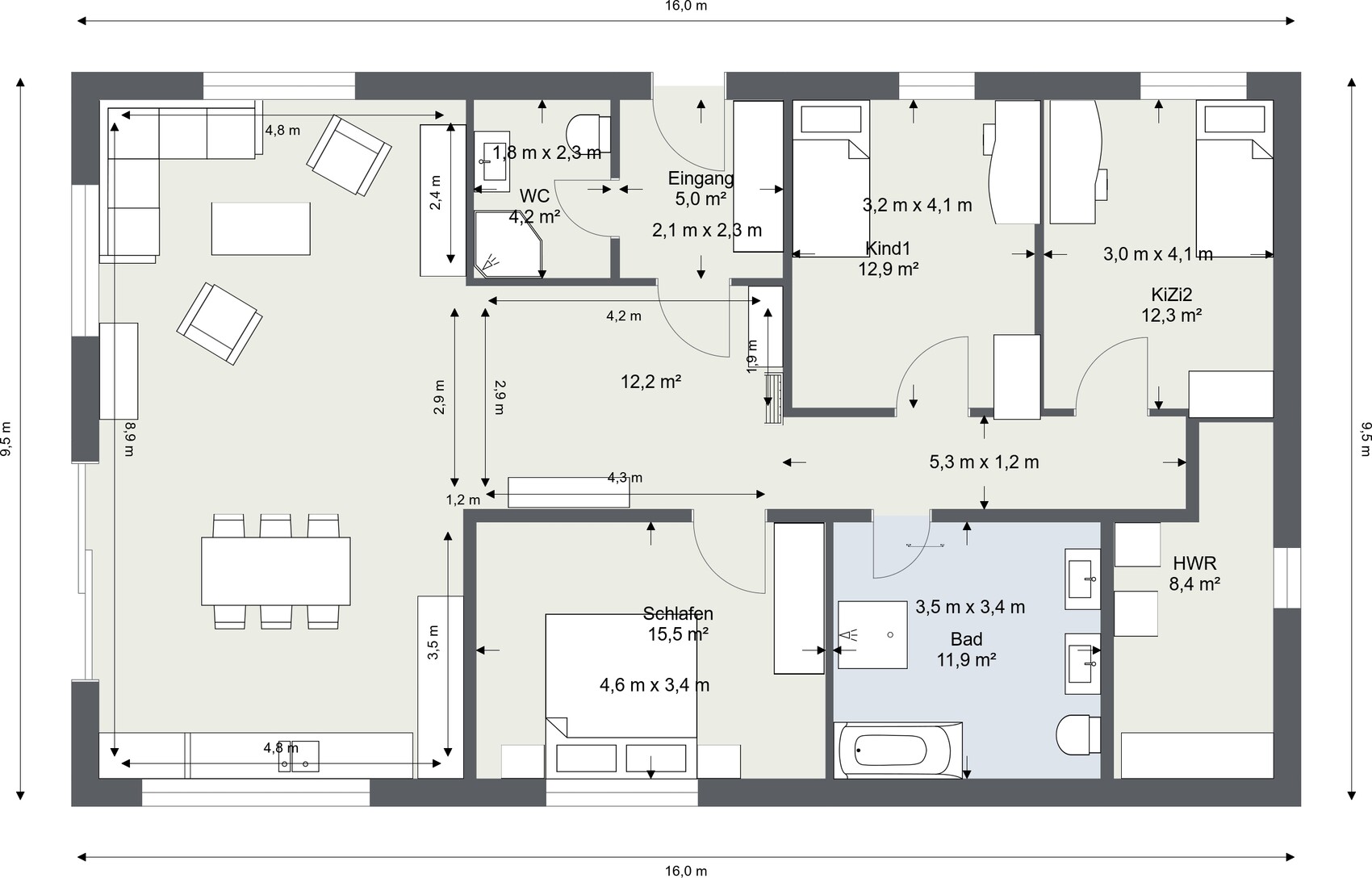 Grundriss eines Wohnhauses: Wohnzimmer, Küche, Bad, Schlafen, HWR, WC, 2 Kinderzimmer.
