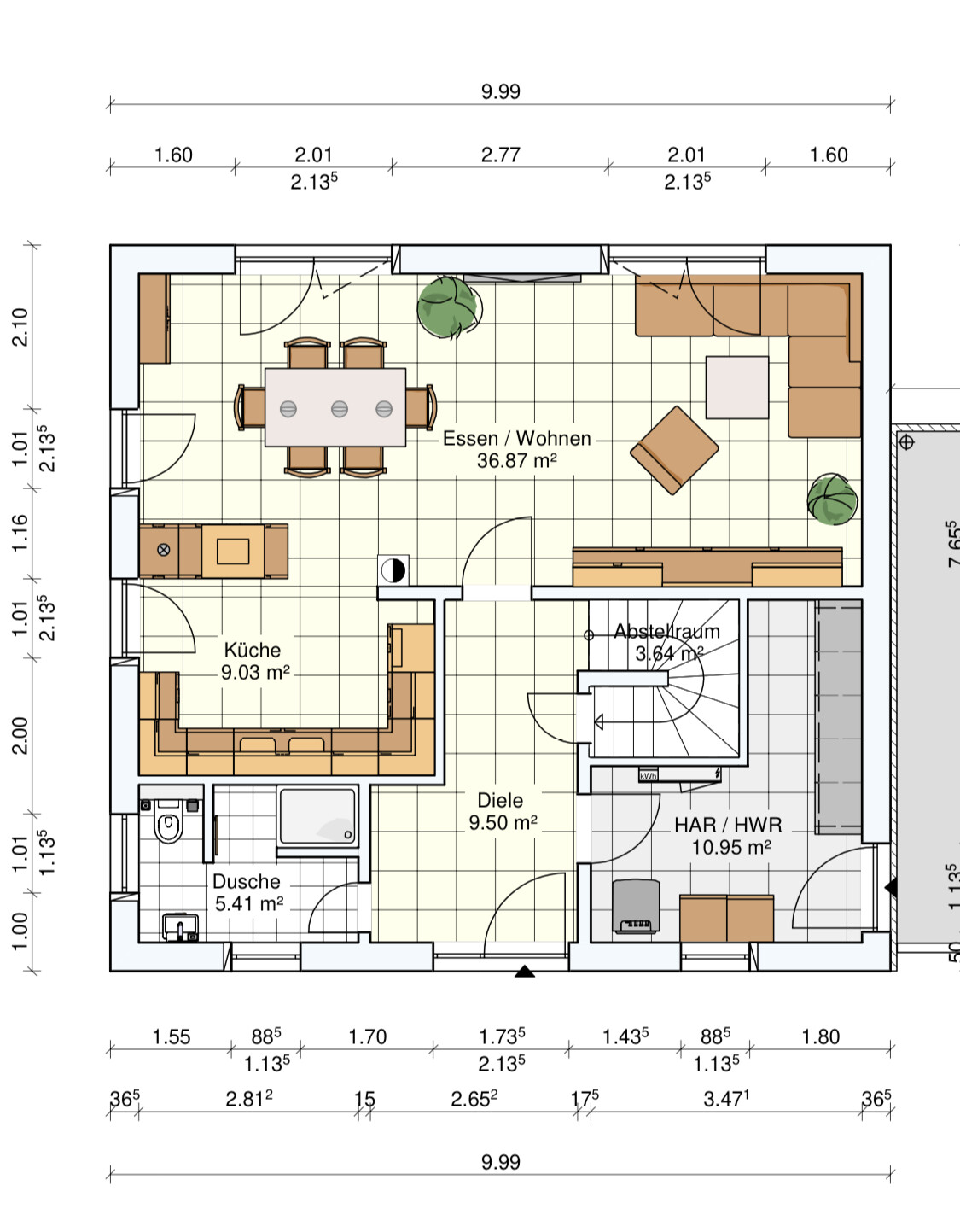 Offener Wohn-/Essbereich (36.87 m²) mit Küche links, Sofa rechts, Dusche und Abstellraum.