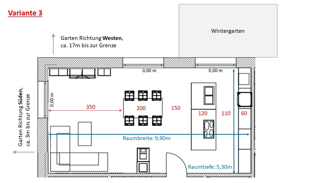 Grundriss: Küche mit Insel, Esstisch, Sofa, offener Wohnbereich, Wintergarten oben rechts.
