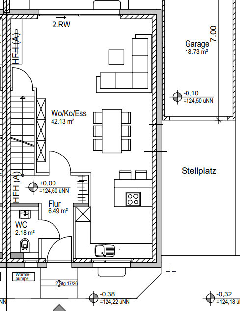 2D-Grundriss: offener Wohn-, Koch- und Essbereich, WC, Flur, Treppen, Garage
