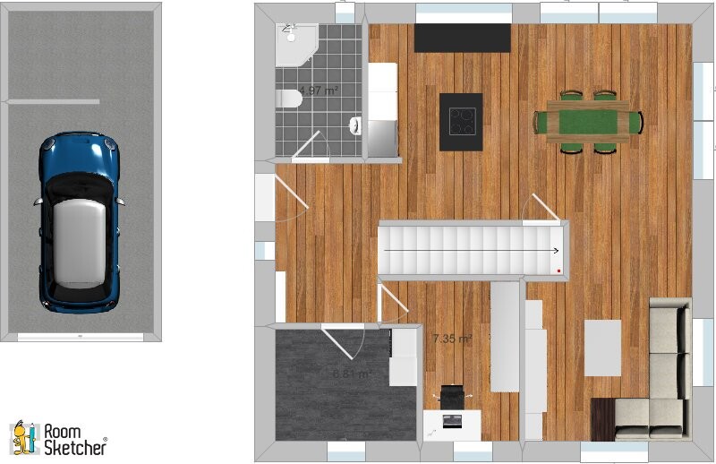 Top-Down-Floorplan: Parkplatz links, offene Wohnküche mit Esstisch, Wohnzimmer, Treppe, Bad rechts