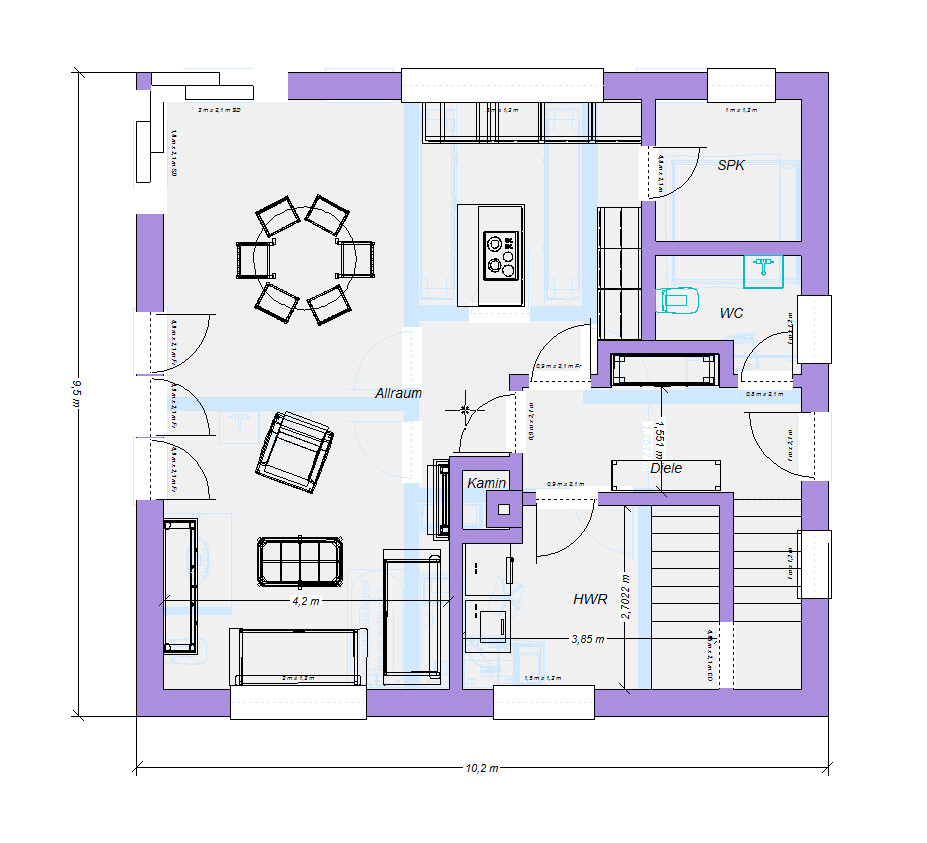 Grundriss eines Hauses: Allraum, Essbereich, Küche mit Insel, Kamin, Diele, HWR, WC, SPK