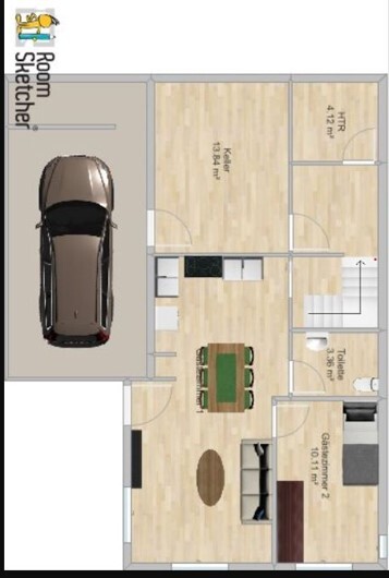 Grundriss eines Hauses: Garage mit Auto links, Kueche, Esszimmer, Wohnzimmer, Treppe