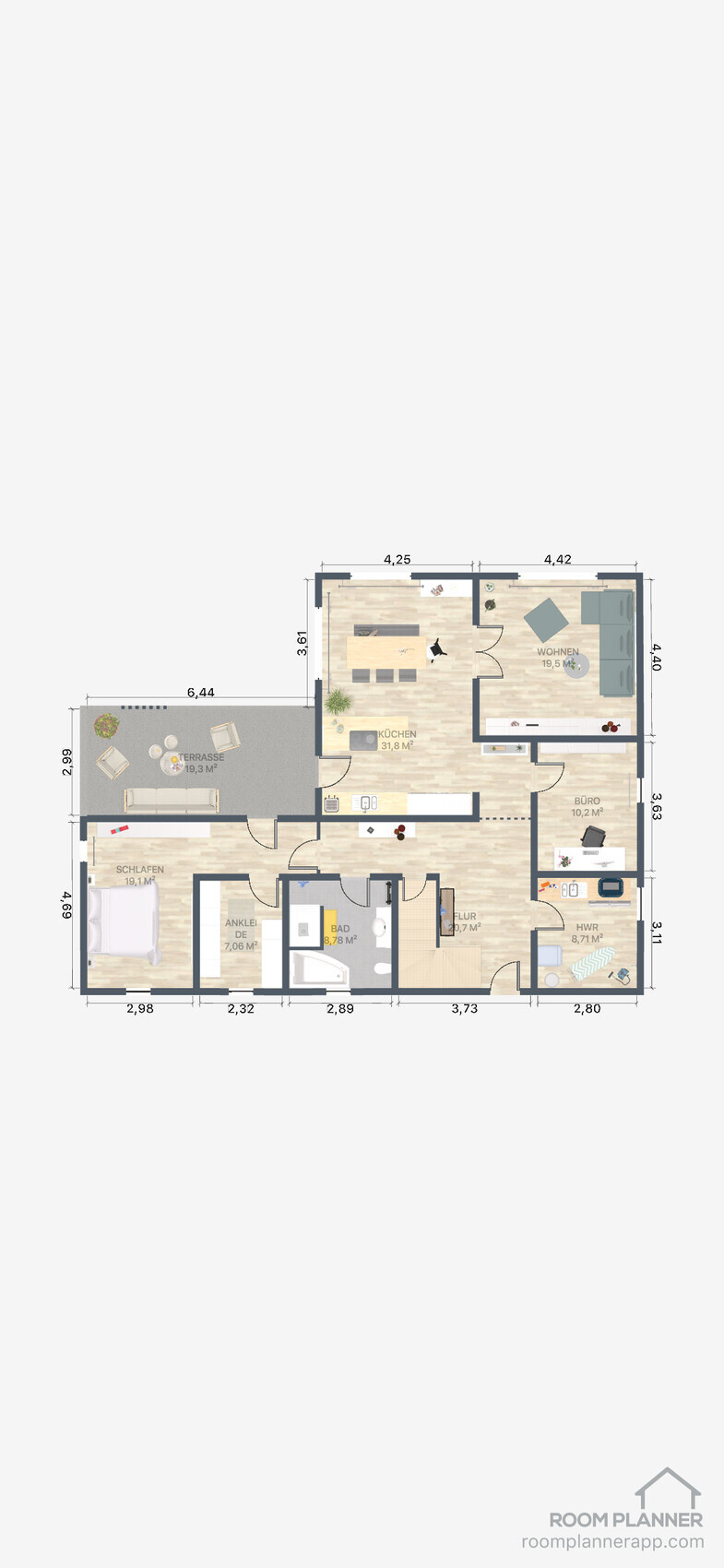 Grundriss einer Wohnung mit Wohnzimmer, Küche, Schlafzimmer, Bad, Flur, Büro, HWR und Terrasse.