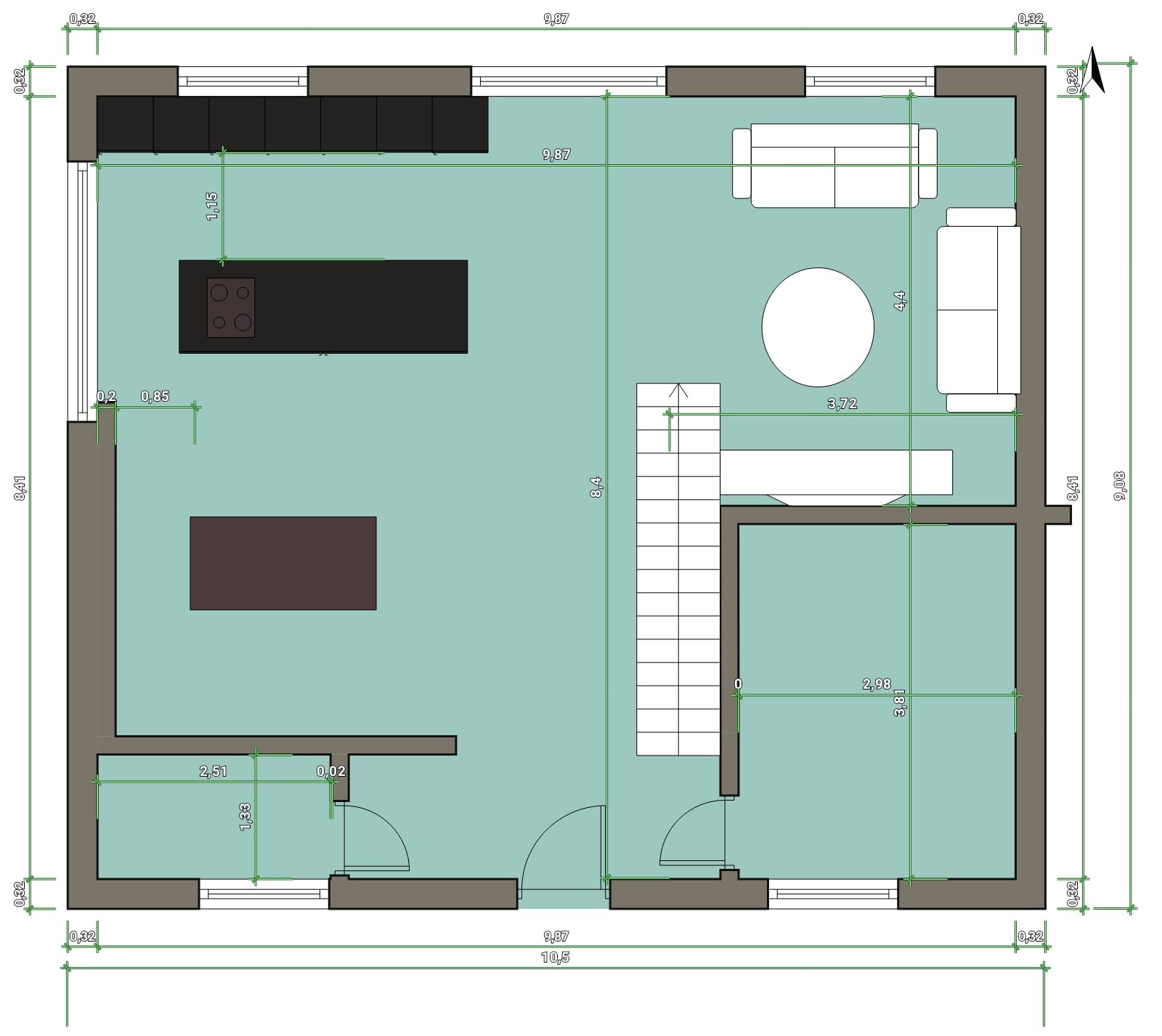 Offener Grundriss: Küche mit Insel, Esstisch, Wohnzimmer mit Sofa, Treppe im Grundriss