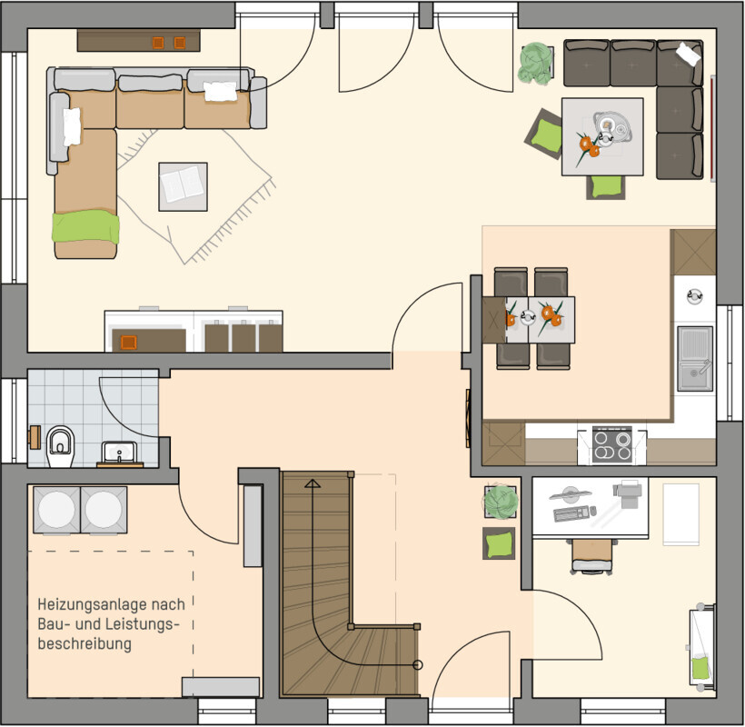 Grundriss einer Wohnung: Wohnzimmer, Küche mit Essecke, Arbeitsbereich, Bad, Heizungsraum, Treppe