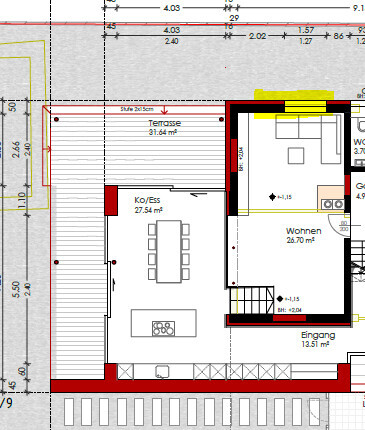 Grundrissplan eines Hauses mit offener Kueche, Essbereich, Wohnzimmer und Terrasse.