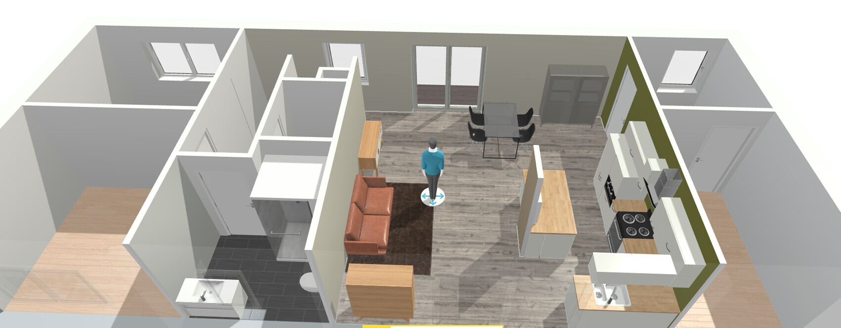 Isometrischer Grundriss einer Wohnung: Wohnzimmer mit Sofa, Esstisch, Küche, Bad, stehende Person.