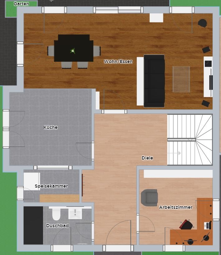 Grundriss eines Hauses: Küche links, Diele zentral, Wohnzimmer, Arbeitszimmer rechts, Treppe, Garten.