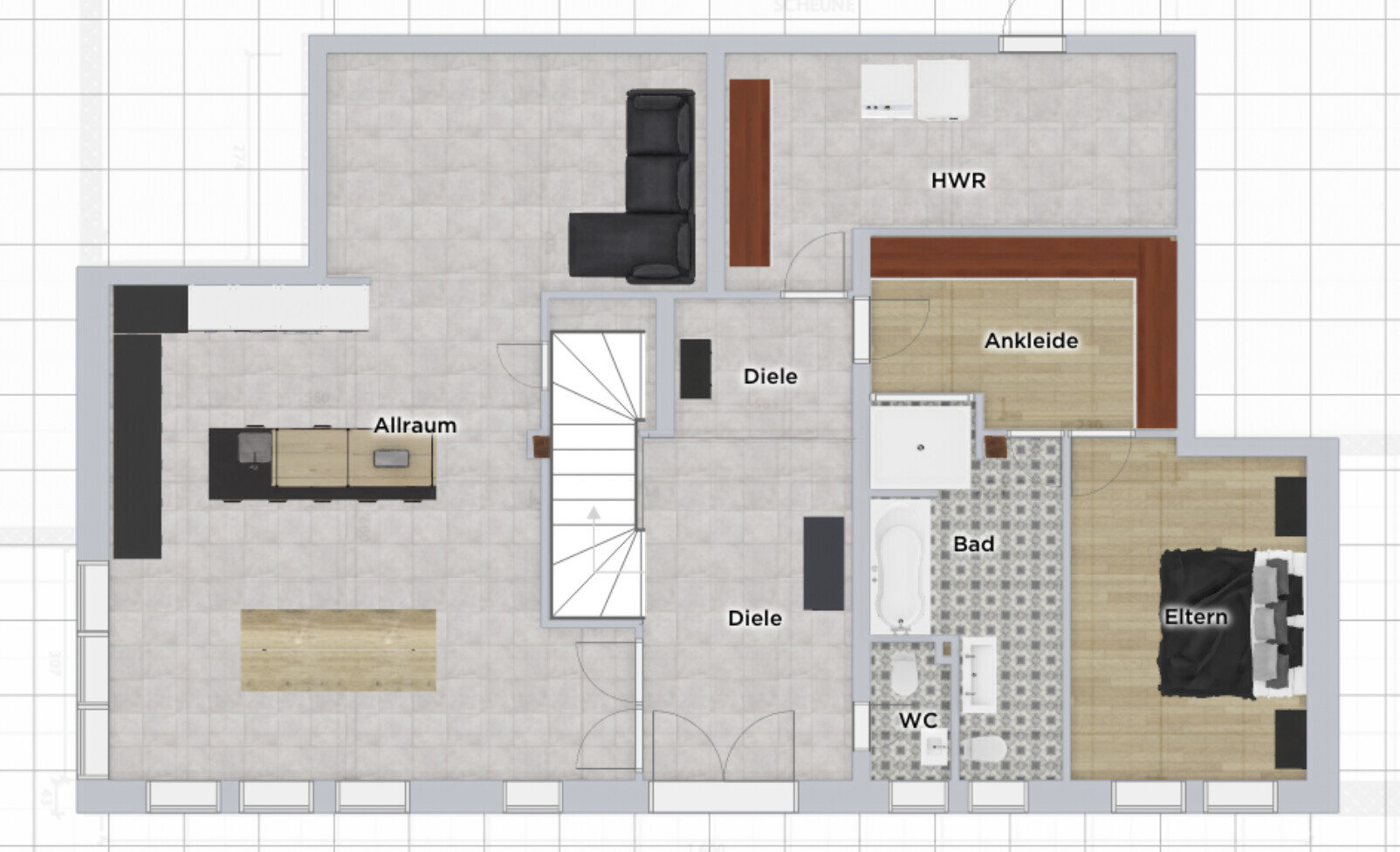 Grundriss einer Wohnung: Allraum, Diele, HWR, Ankleide, Bad, WC, Elternzimmer, Treppenhaus.
