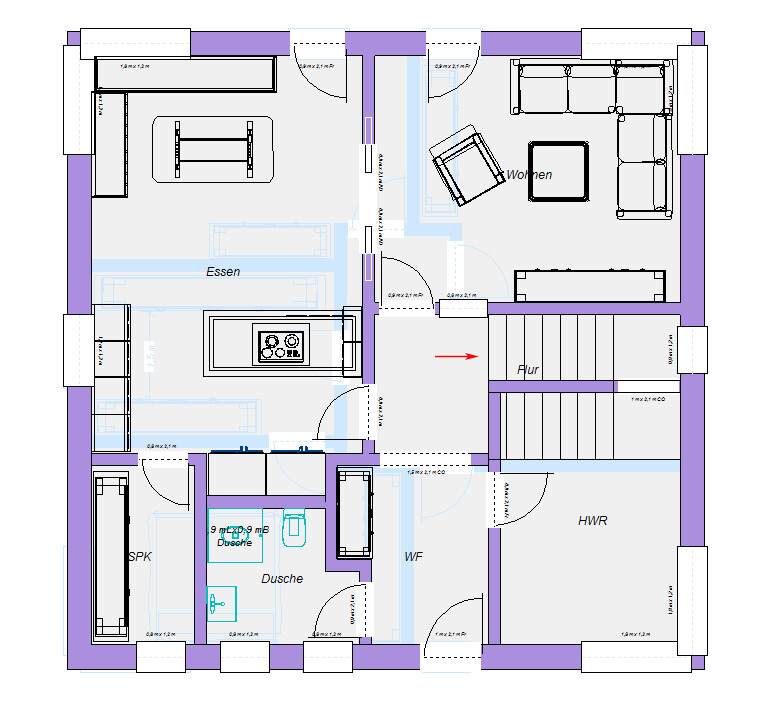 Grundriss eines Hauses mit Küche, Essen, Wohnzimmer, Flur, HWR, Dusche.