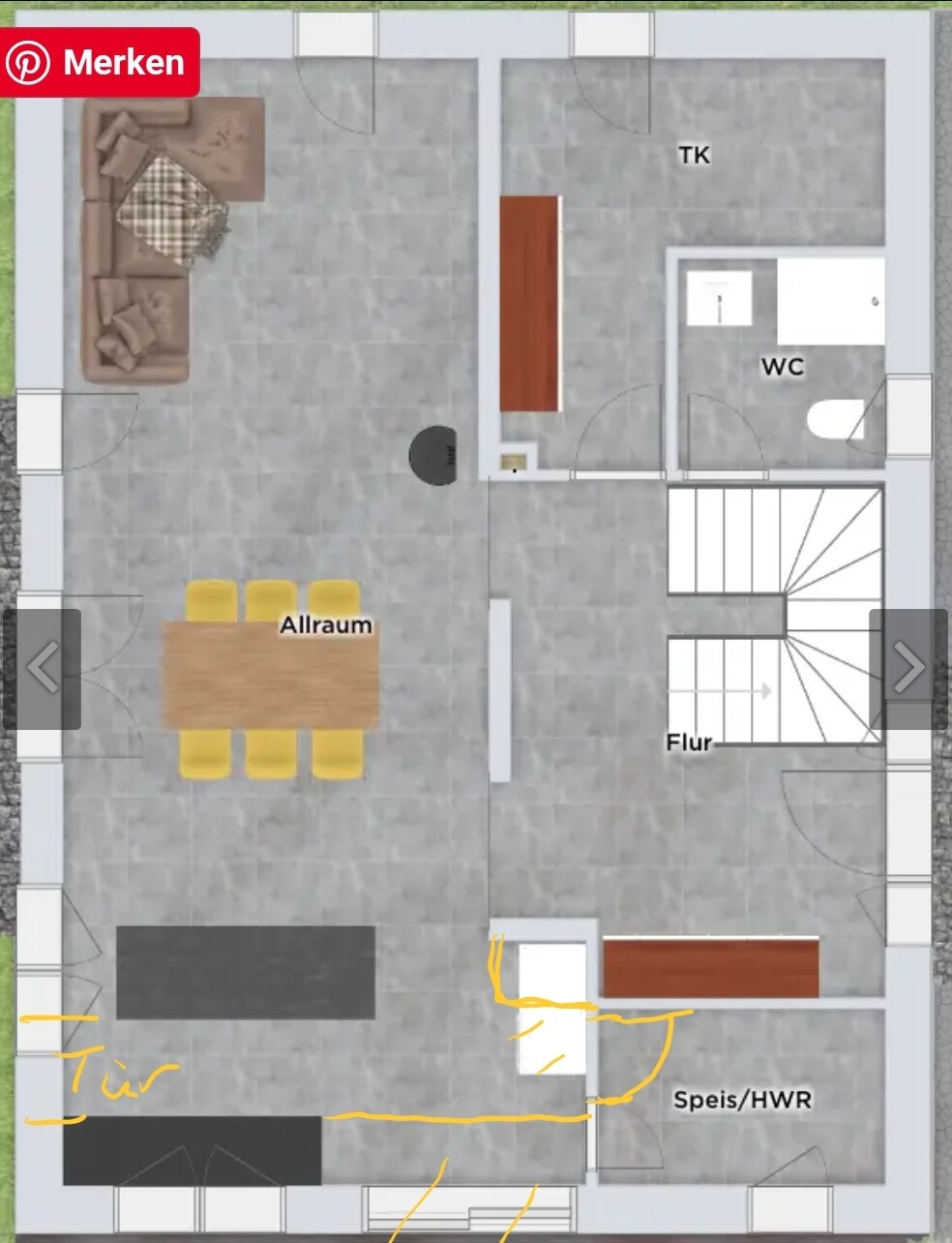 Grundriss Erdgeschoss: Wohnzimmer links, Essecke, Flur, Speis/HWR, WC und Treppe.
