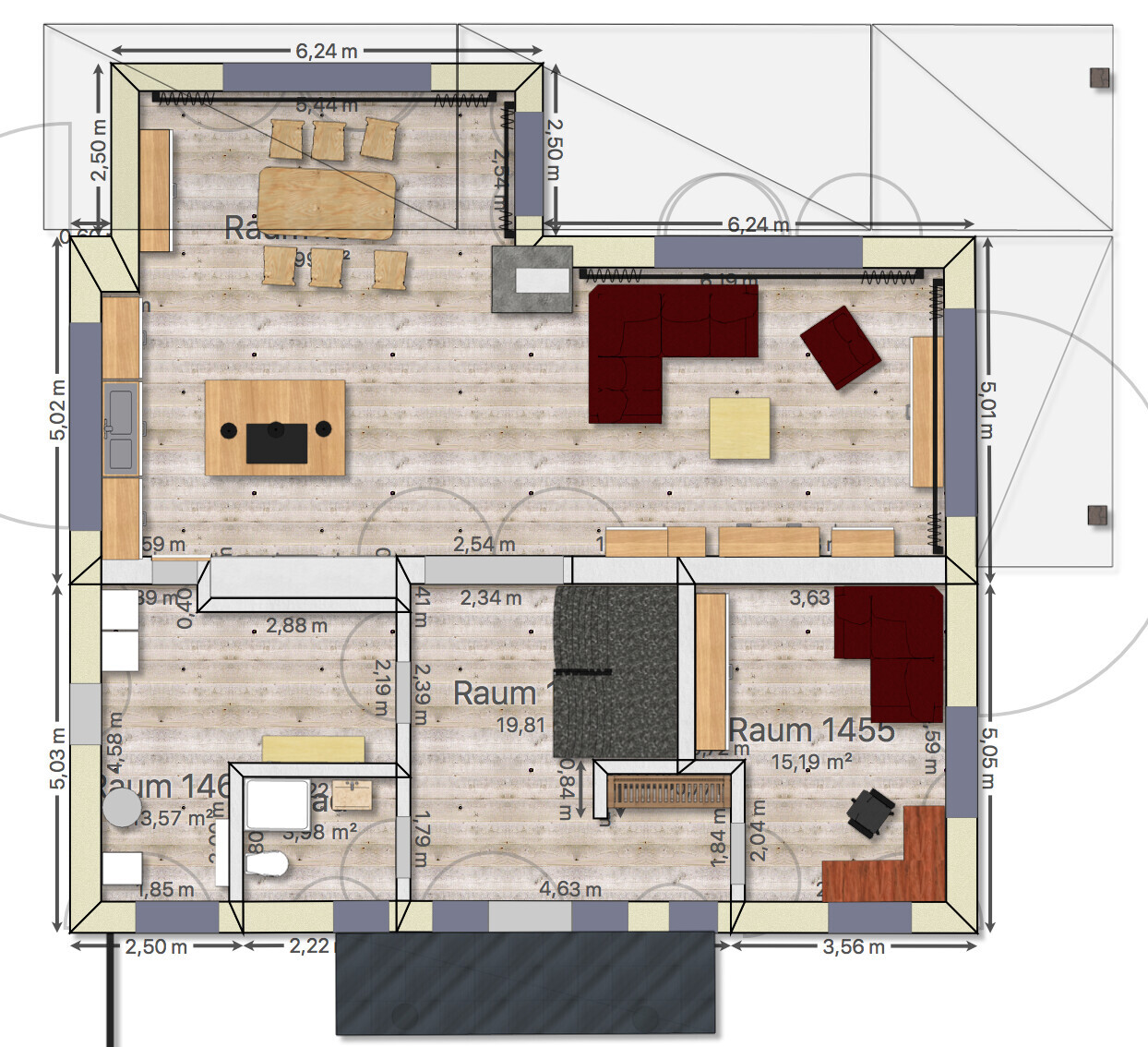 Grundriss eines Hauses mit offener Wohnküche, Esstisch, Sofa und mehreren Zimmern.