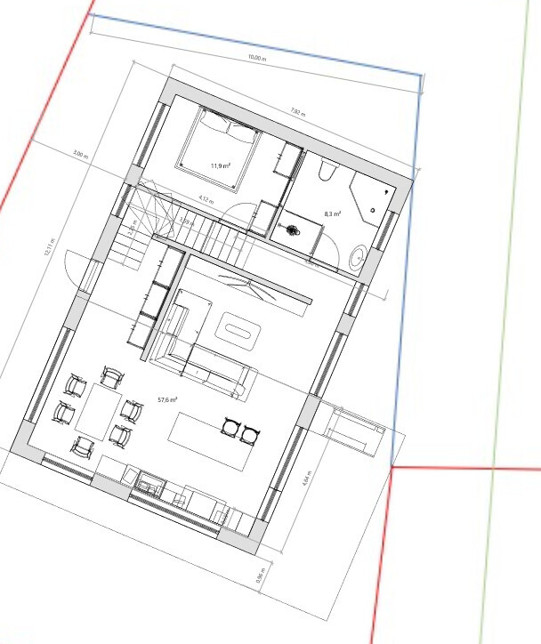 Grundriss eines Hauses: Wohnzimmer mit Essbereich, Küche, Treppe, Schlafzimmer (11,9 m²) und Bad (8,3 m²).