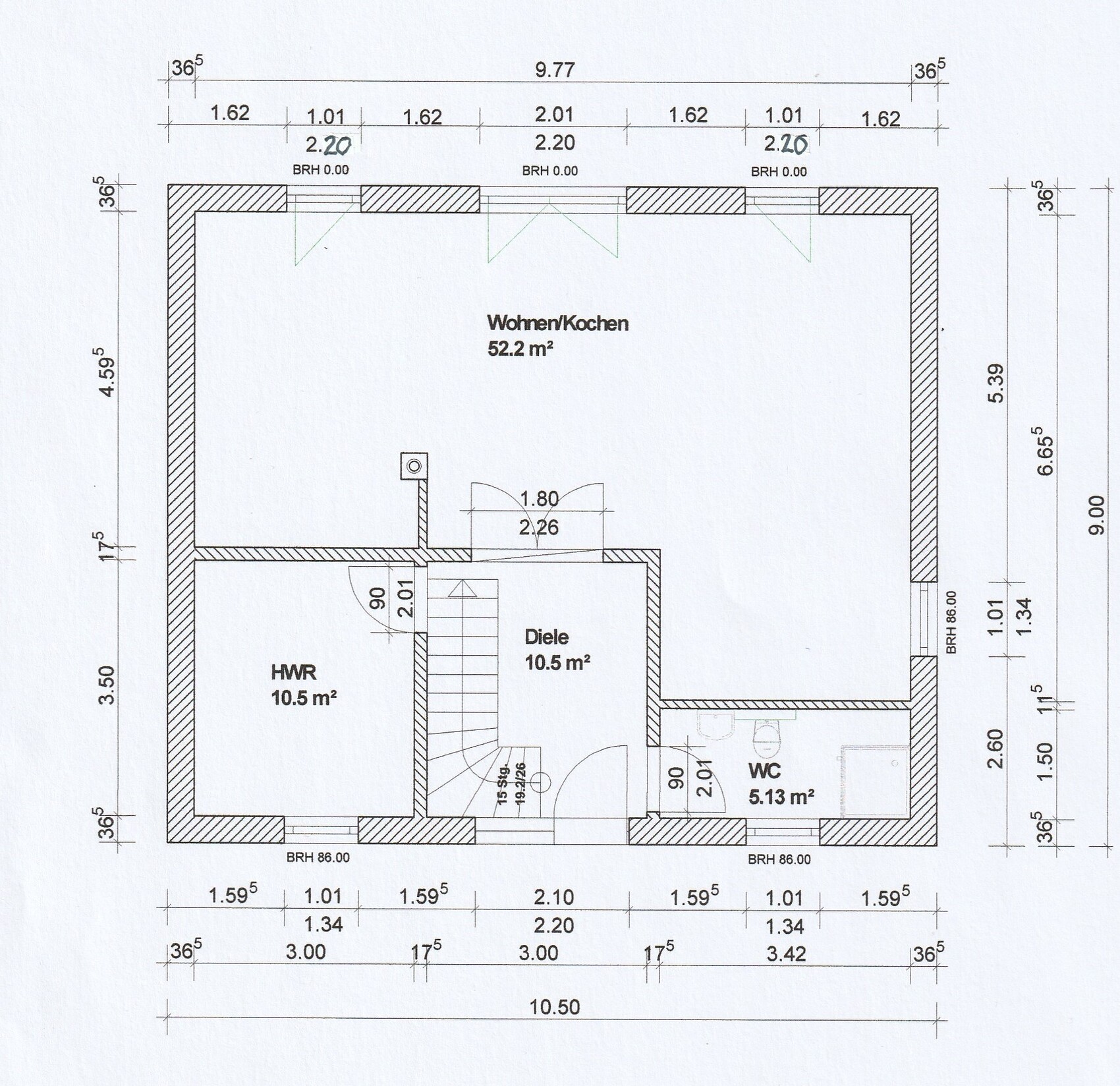 Grundriss eines Hauses: Wohnen/Kochen 52.2 m², Diele 10.5 m², HWR 10.5 m², WC 5.13 m² mit Treppe.