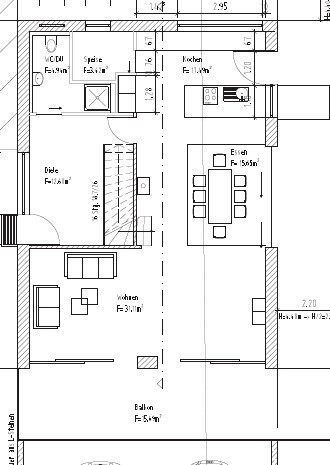 Grundriss eines Hauses mit offenem Wohn- und Essbereich, Küche und Balkon