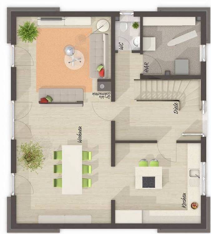Offener Grundriss einer Wohnung: Wohnzimmer, Essbereich, Küche, Diele, Bad, Treppe.