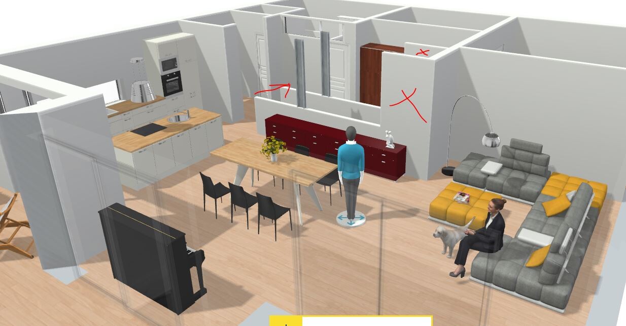 3D-Wohnraum mit offener Küche, Esstisch, rotem Sideboard, Sofa-Ecke, stehender Mensch und Hund.