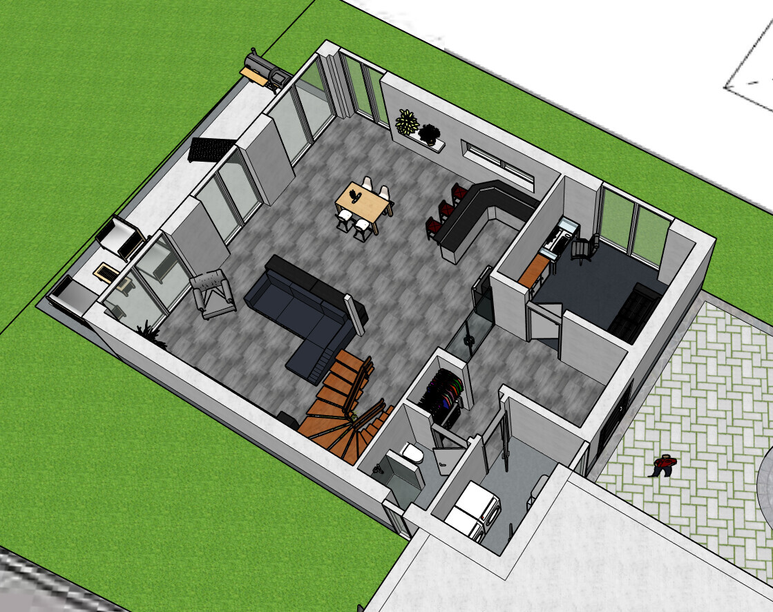 Isometrische Innenansicht eines Hauses: Wohnzimmer mit Sofa, Esstisch, Küche, Treppe, Abstellraum.