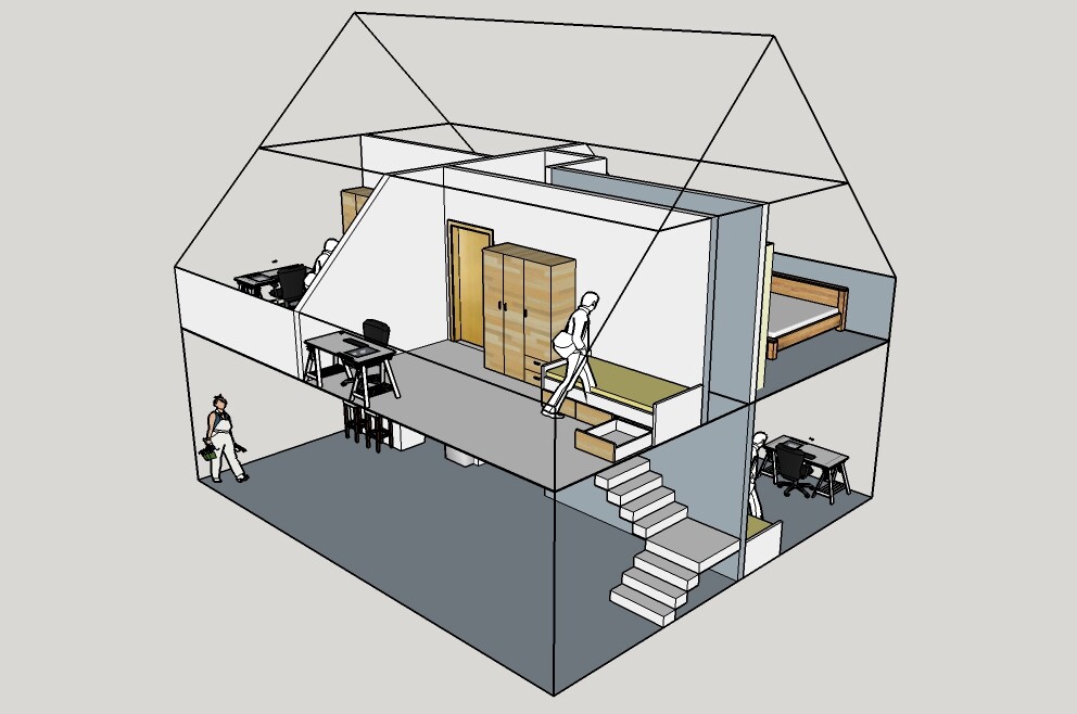 Isometrische Ansicht eines zweigeschossigen Wohnraums mit Schreibtisch, Schränken, Bett und Treppe.