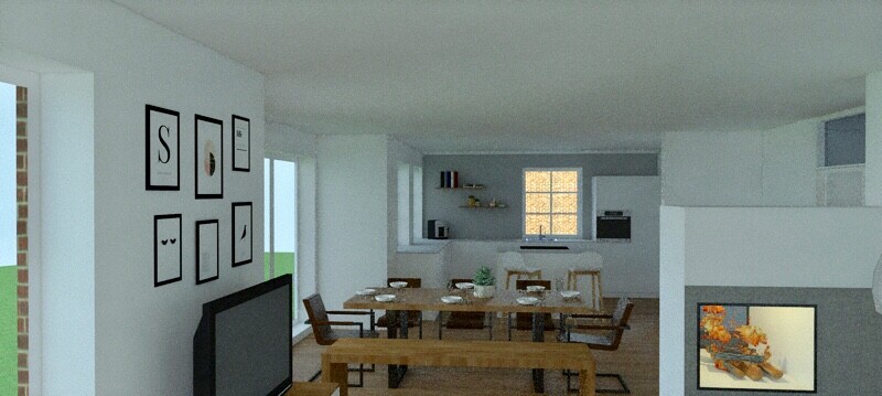 Offener Wohn- und Essbereich mit Holz-Esstisch, Stühlen, Bilderwand, Fernseher und Kamin.