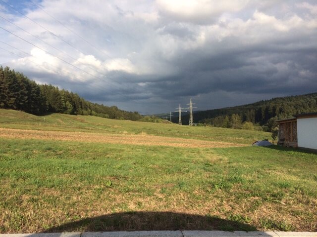 Offenes grundstueck landschaft mit gras, baeume am rand, kleinem gebaeude, wolkigem himmel.