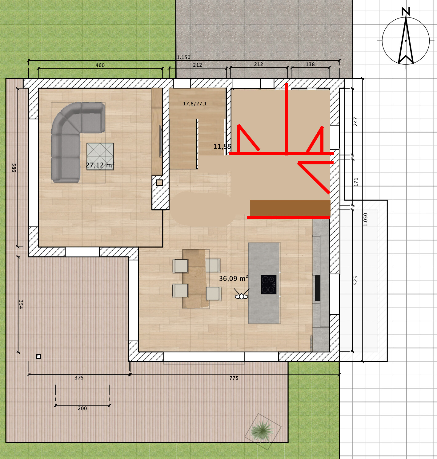 Grundriss eines Hauses: Wohnzimmer links, offene Küche mit Insel, Esstisch, Terrasse.
