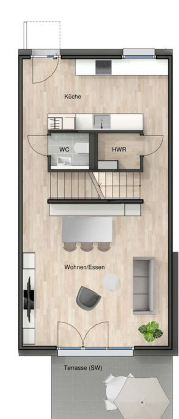 Grundriss eines Hauses: obere Küche, WC, HWR, offener Wohn-/Essbereich und Terrasse.