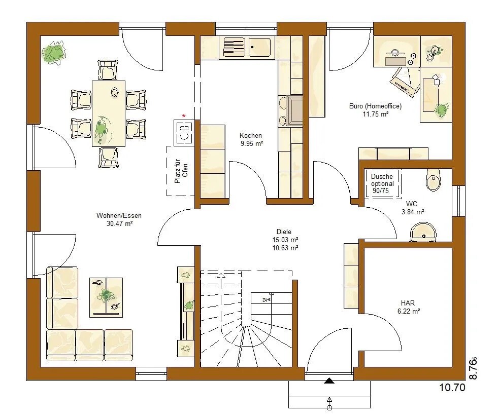 Grundriss eines Hauses mit Wohnen/Essen, Küche, Diele, Büro, WC, HAR und Treppe