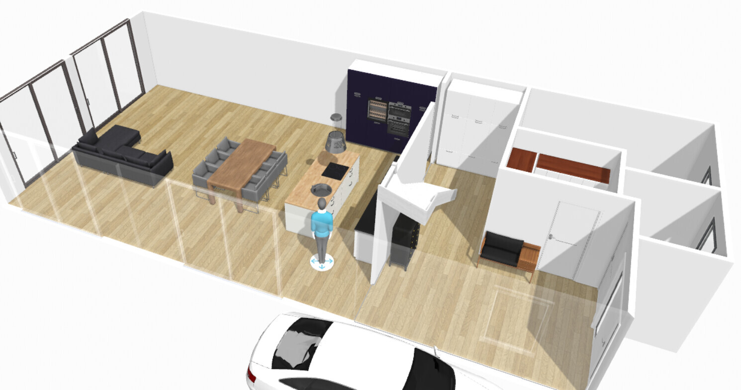 3D-Grundriss einer modernen Wohnung: offene Küche mit Insel, Esstisch, Sofa, Flur, Auto vor dem Haus.