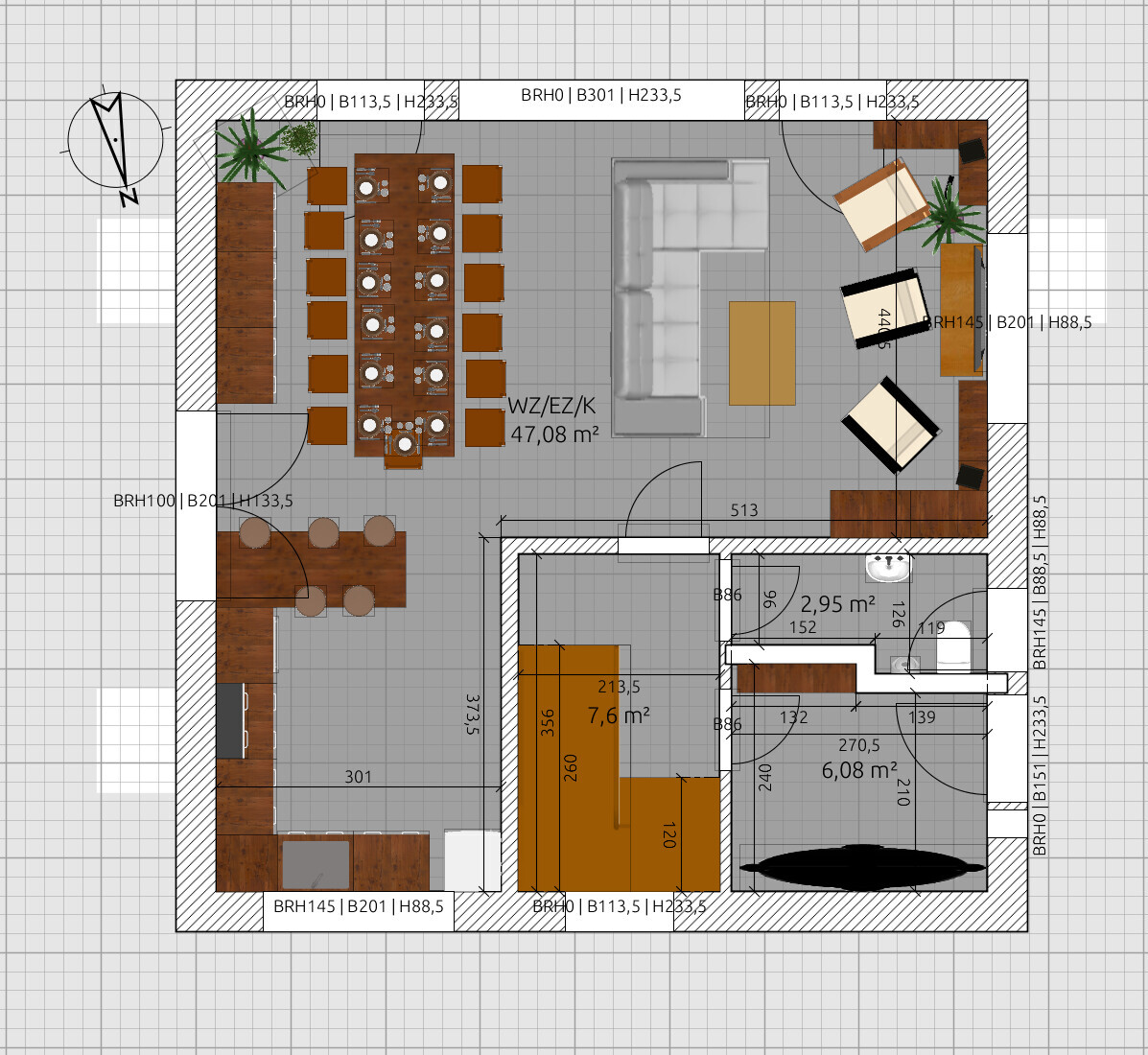 Grundriss eines offenen Wohn- und Essbereichs mit Esstisch, Sofa, Küche und Badezimmer.
