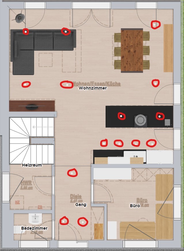 Grundriss eines Wohnraums mit Wohnzimmer, offener Küche, Esstisch, Büro, Diele, Bad.