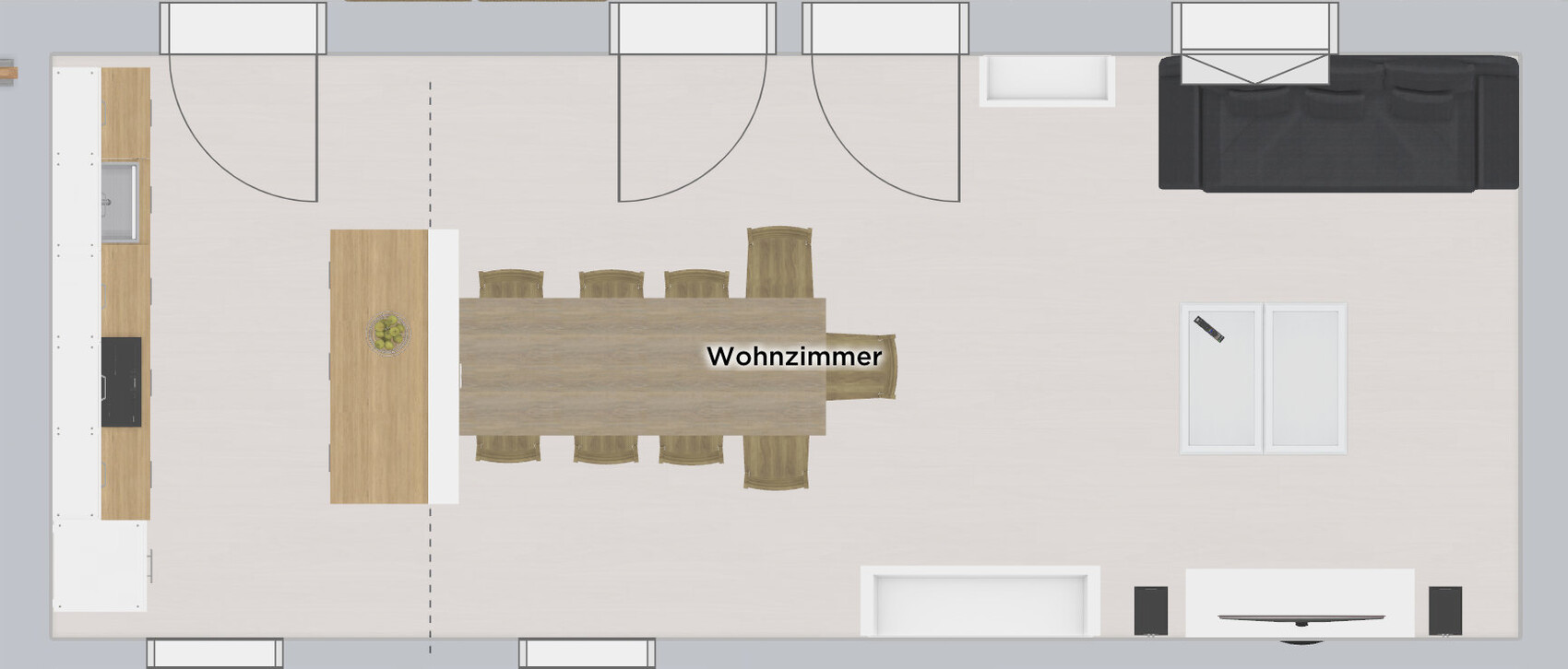 Grundriss eines offenen Wohn-/Essbereichs mit Küchenzeile links, Esstisch Mitte, Sofa und TV rechts.
