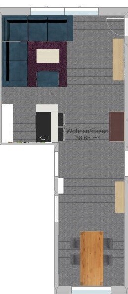 Grundriss eines offenen Wohn- und Essbereichs mit Sofa, Esstisch und Küchenzeile.