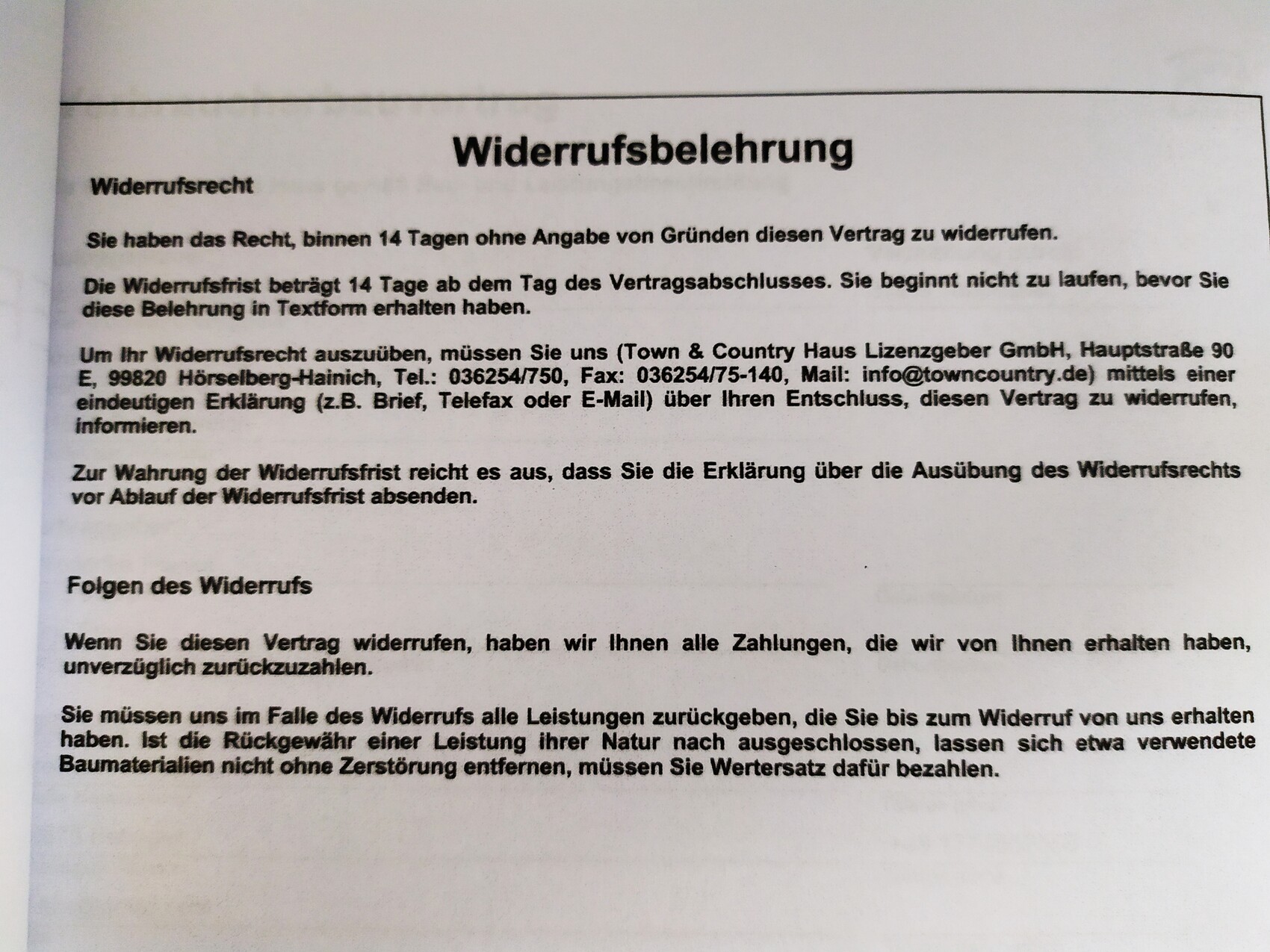 Seite mit Widerrufsbelehrung und Text zum Widerrufsrecht
