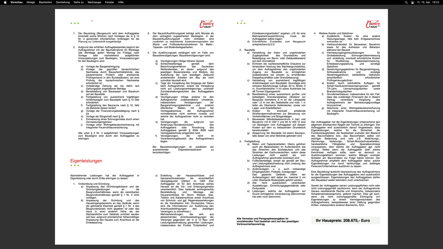Mehrspaltiges Dokument mit Überschriften, Abschnitt Eigenleistungen und Preisangabe.