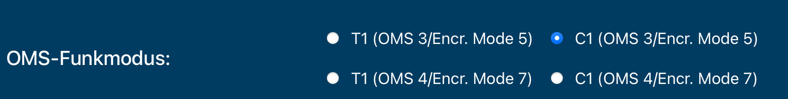 OMS-Funkmodus Anzeige mit Auswahloptionen T1 und C1 für OMS 3/Encr. Mode 5/7