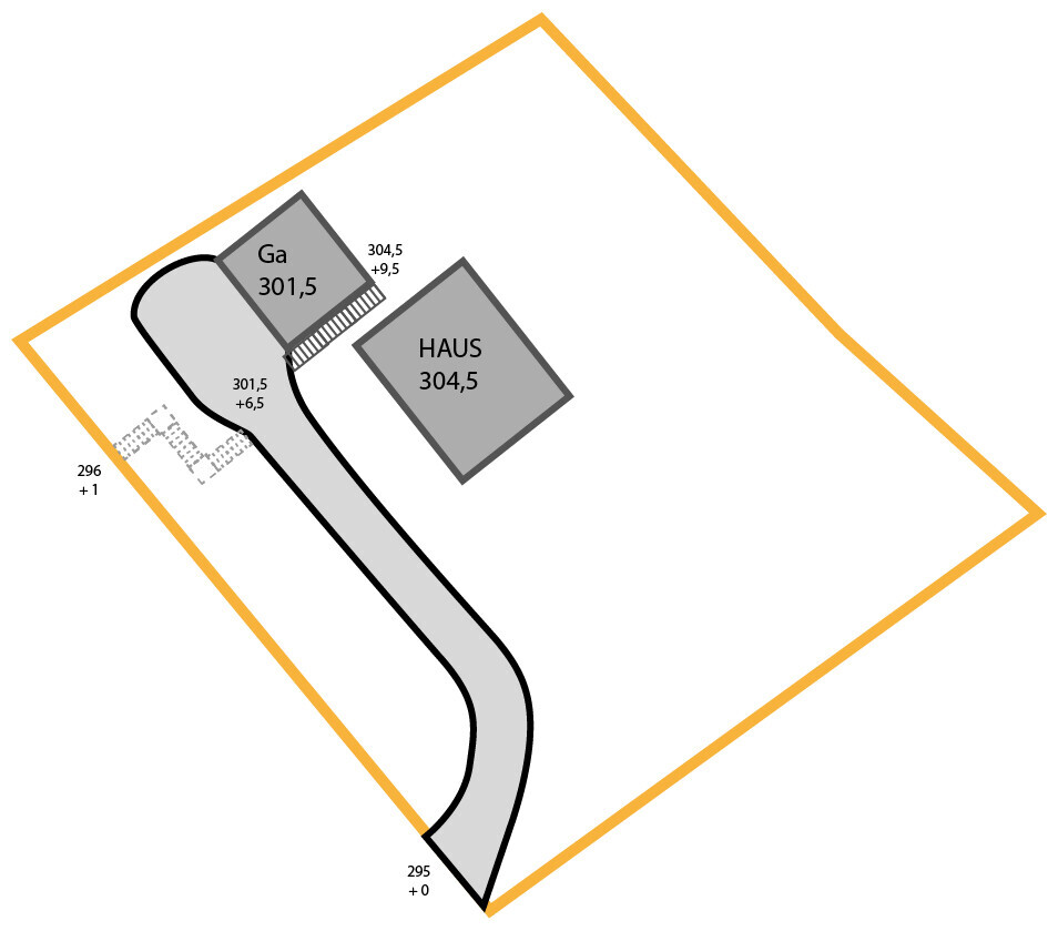 Grundriss eines Grundstücks mit kurviger Zufahrt, Haus 304,5 und Garage 301,5, orange Umrandung.