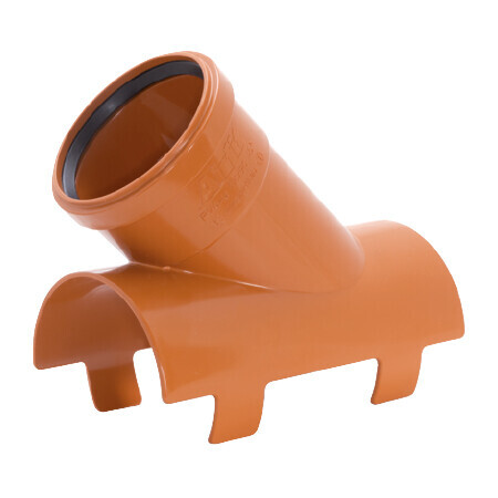 Orange PVC-Rohrverbinder mit drei Auslässen und schrägem Anschluss