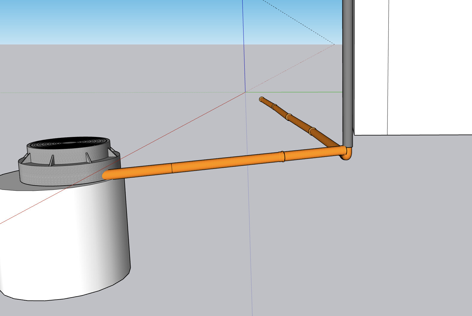 3D-CAD-Szene: Orange Rohrleitung verbindet Tank mit Wandkasten am Boden.