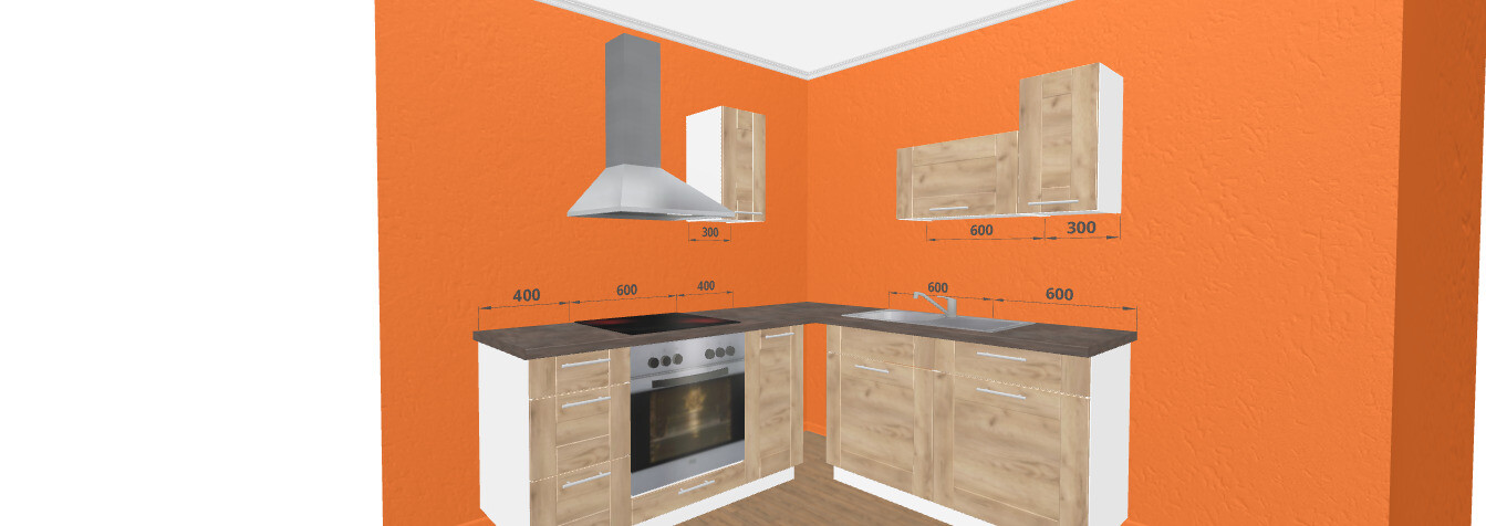 L-Küche mit orangefarbenen Wänden, Holzoptik-Schränken, Herd, Ofen, Dunstabzug, Spüle.