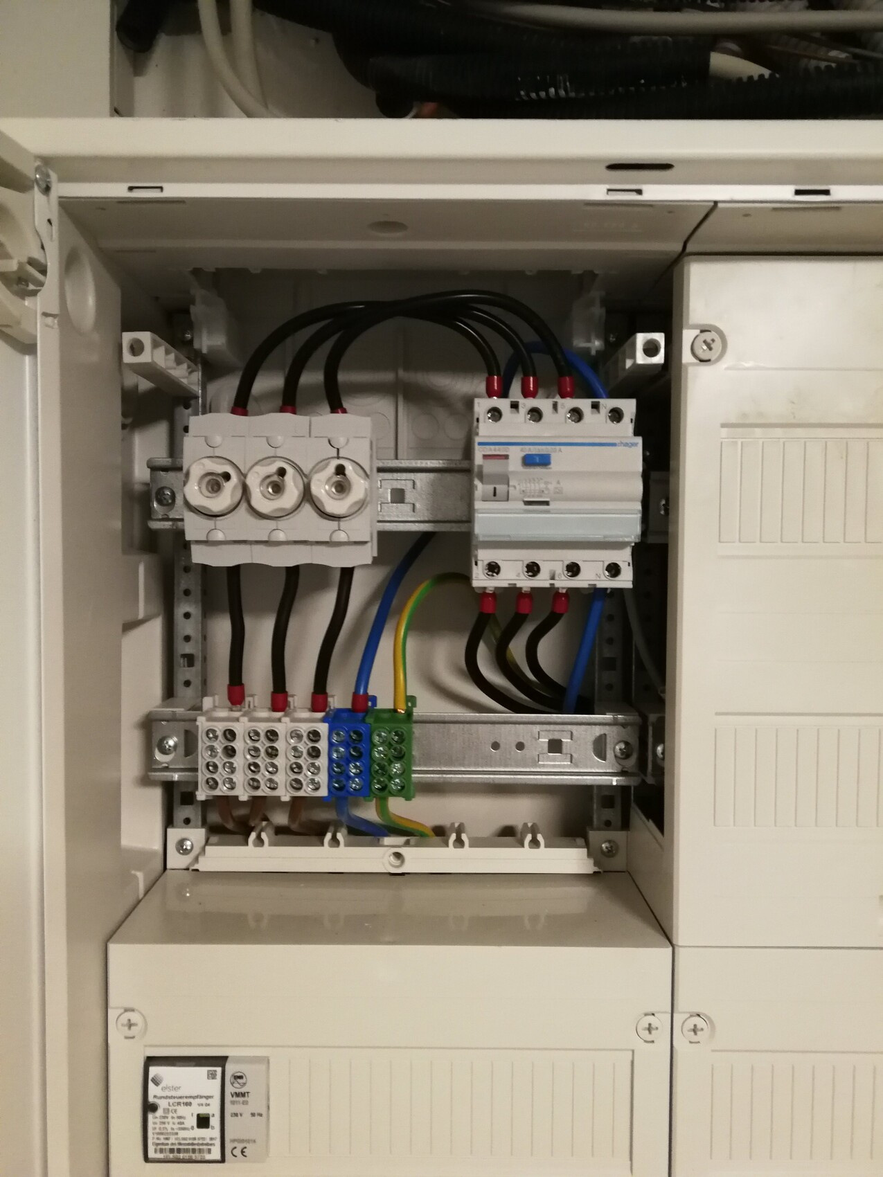 Verteilerschrank mit Sicherungen, Leitungen und Erdungskabel.