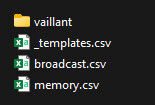 Screenshot eines Ordners namens vaillant mit CSV-Dateien (templates, broadcast, memory)