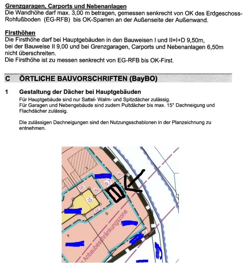 BayBO-Seite zur Dachgestaltung mit farbiger Bauplanzeichnung.