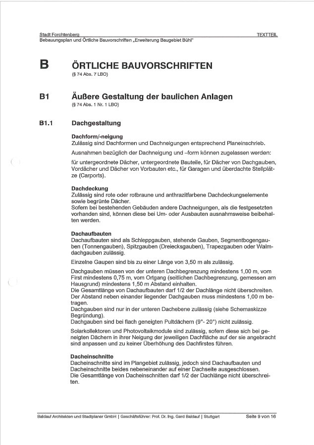 Örtliche Bauvorschriften: Seite mit Dachgestaltung, Dachformen, Neigungen und Gauben.