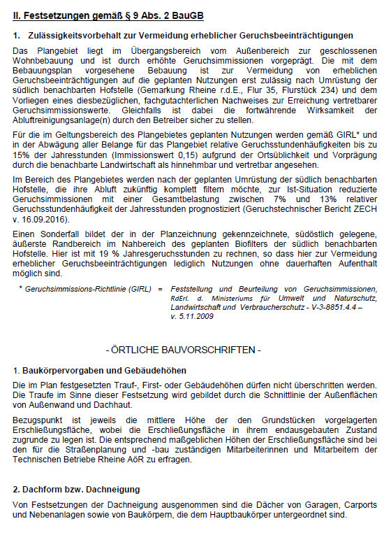 Seite eines Bauplanungsdokuments: Festsetzungen nach §9 Abs. 2 BauGB und Bauvorschriften.