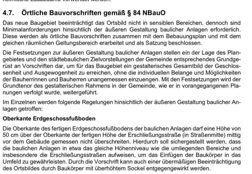 4.7 Örtliche Bauvorschriften: Textabschnitt zur Oberkante Erdgeschoss und Planungsgrundlagen