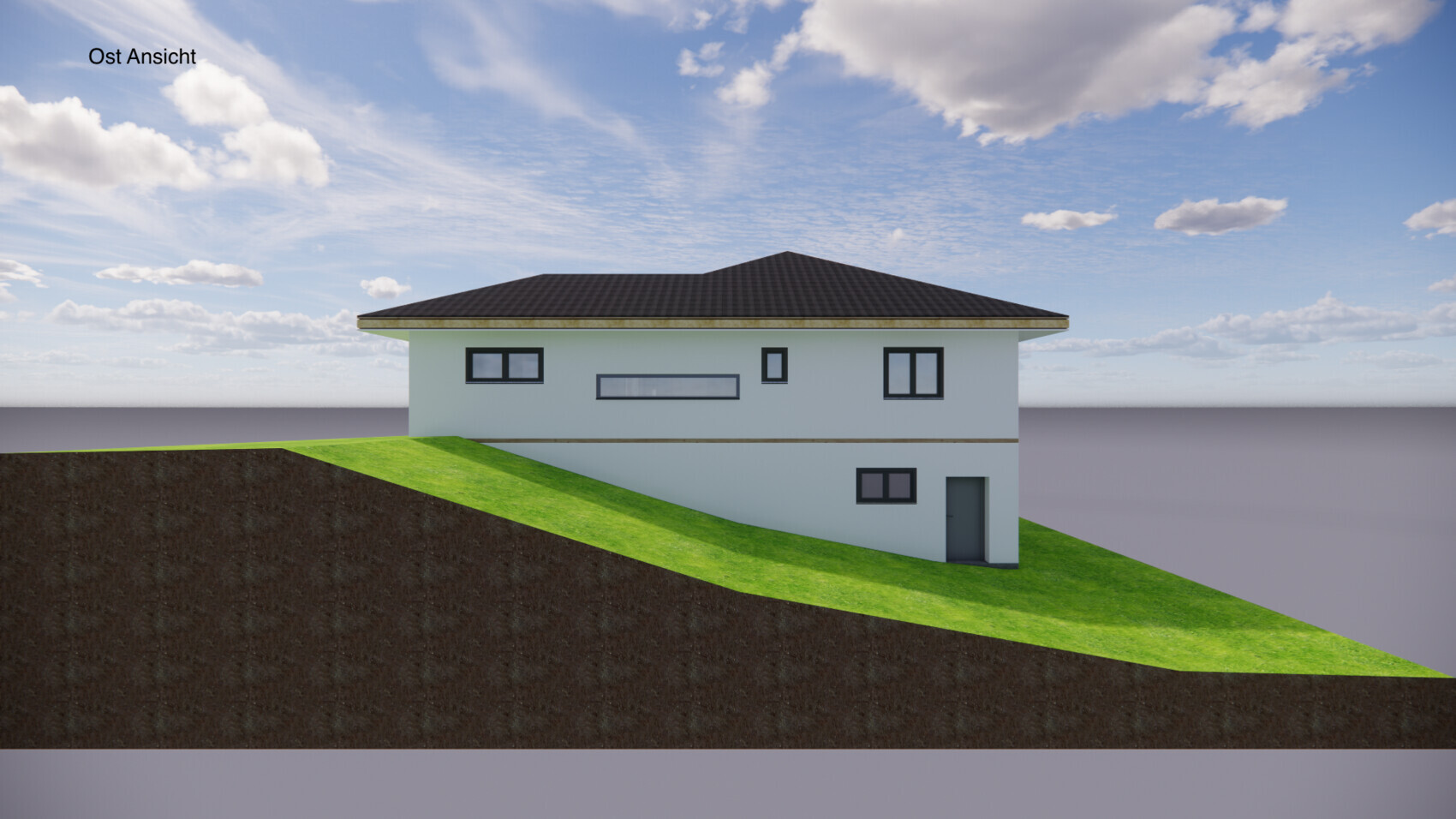 Ostansicht eines modernen zweigeschossigen Hauses auf einer grasbewachsenen Böschung; Himmel mit Wolken.