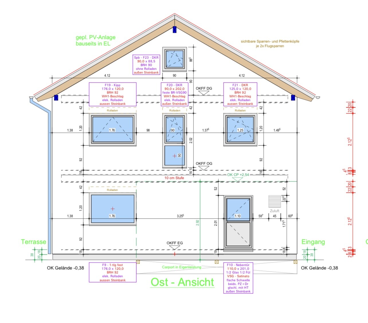 Ost-Ansicht: Architektenplan eines Hauses mit Dach, Fenster, Eingang, Terrasse und Carport.